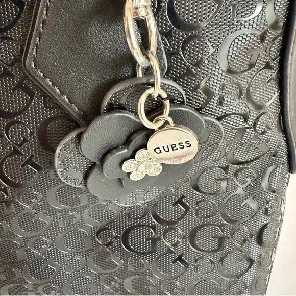 GUESS Black Monogram Dome Satchel Handbag with Charm GG Logo Bag - Picture 3 of 9